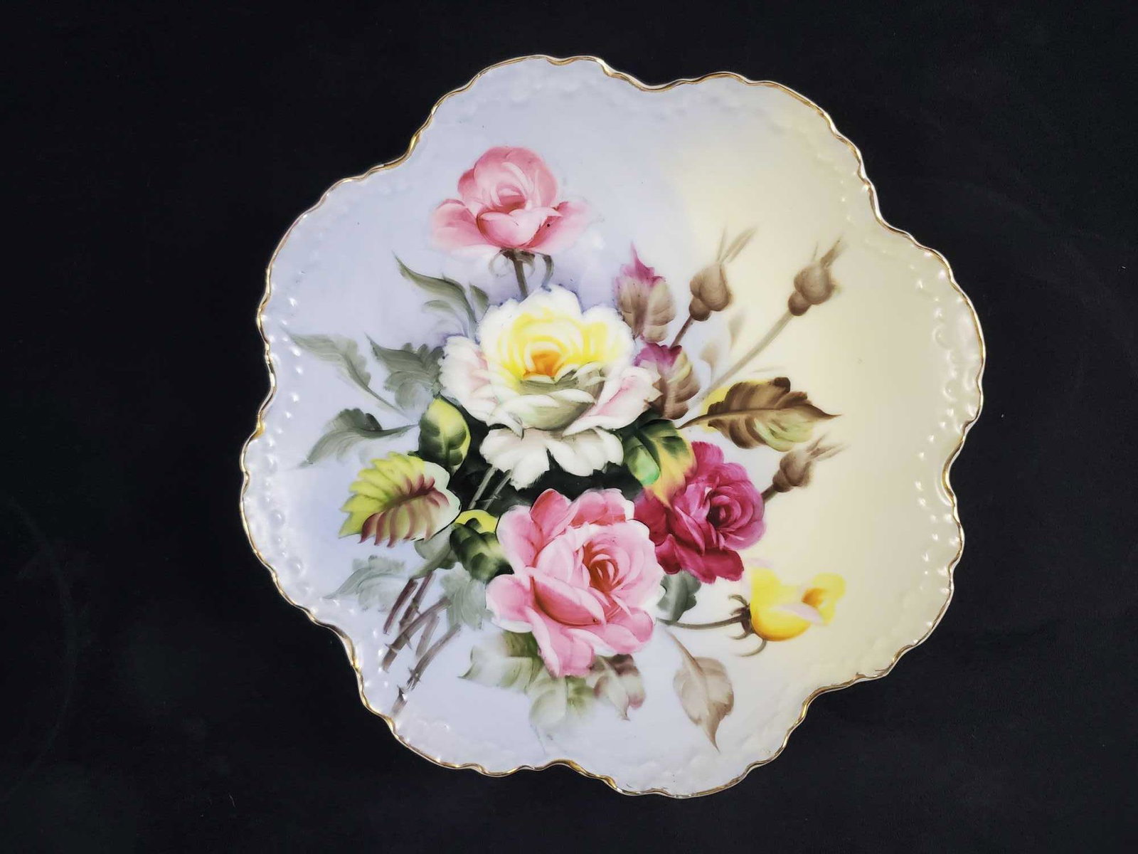 Vintage Lefton China Hand Painted Plate: Hand painted Lefton China Gold colored trim with hand painted pink, red and yellow flowers with a two-towed color background. Plate is in good, vintage condition with minor wear and a very light scrat
