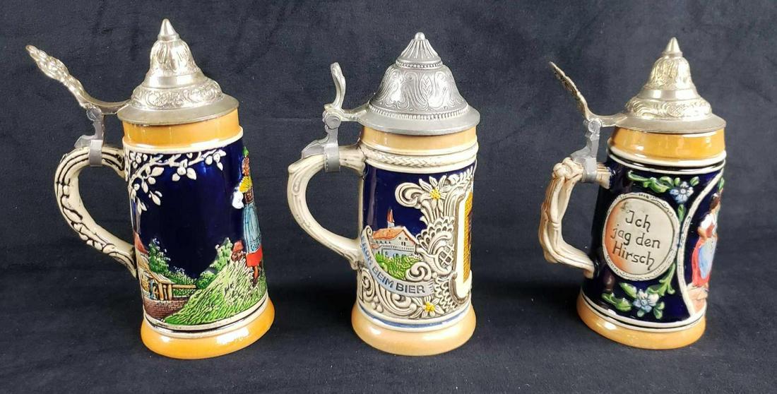 3 Lidded Beer Steins A: 3 Lidded Beer Steins A. This set of beer steins is in good used condition. None of the beer steins have any chips, cracks or other imperfections. The beer steins included in this set are: 1 "Ich jag d