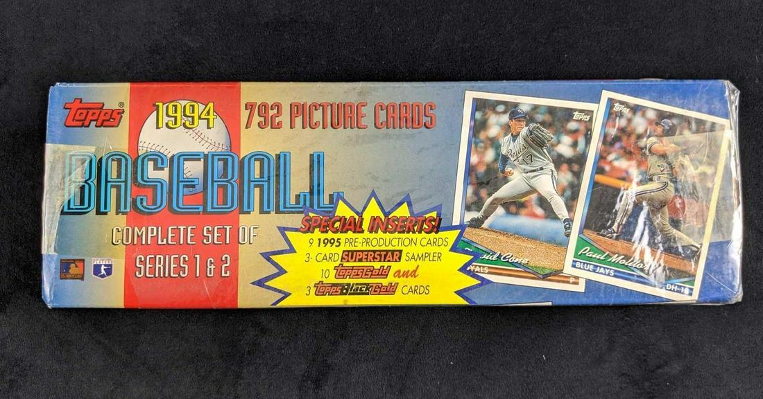 Topps Unopened Full 1994 Set 792 Baseball Cards Series: Full set that includes 792 Cards. The box is factory sealed in cellophane, Box is approx 13" x 4" x 3". Box has light wear, but cards are mint in box.