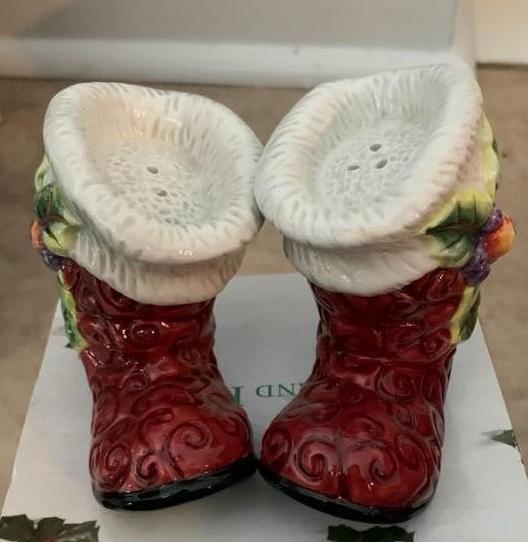 Fits and Floyd Salt and Pepper Santa Boots: These adorable salt and pepper shakers in the shape of Santa's red boots from Fits and Floyd are in excellent, unused condition with no known damages such as chips, cracks or crazing. Comes in its ori