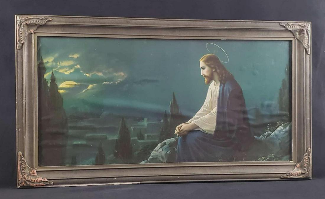Jesus Christ Print Mount Olives Giovanni Jerusalem: This is a print of Jesus Christ praying on Mount Olives. The original art was done by Giovanni. The manufacturer of this print is unknown. It is in good condition with known marks. The frame has known