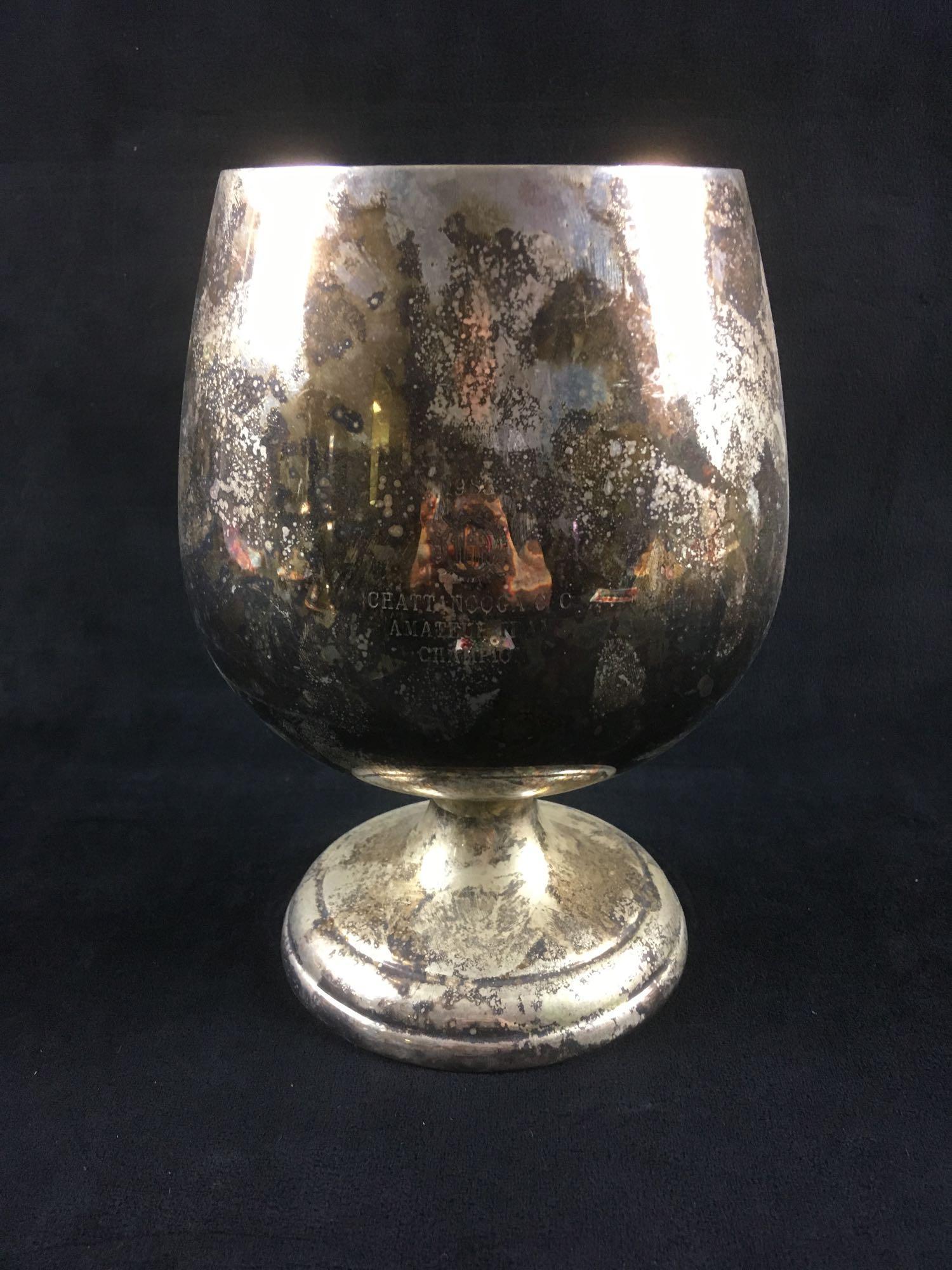 Sheridan Taunton Silversmiths 1983 Trophy: Sheridan Taunton Silversmiths 1983 Trophy. This trophy is in used condition. The trophy has a lot of tarnishing on the surface. The trophy reads "Chattanooga C.C. Amateur Team Champion 1983." The bott