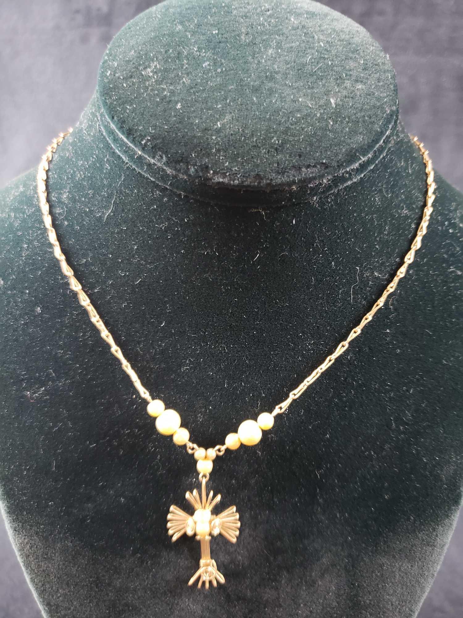 Gold Colored Crucifix Necklace with Faux Pearls Lot 1 (1 of 4)