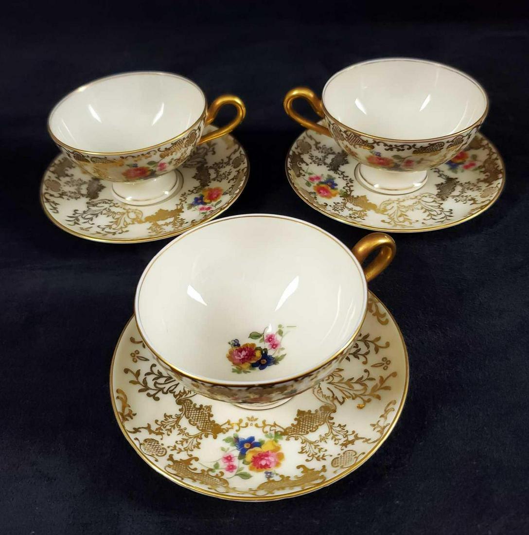 Vintage Royal Ivory Mini Cup And Saucer Lot Of 6: This lot includes three Demitasse/Espresso cups and three mini saucers by Bohemia of Czechoslovakia. Each is a cream color with metallic gold trim and an extravagant gold colored p