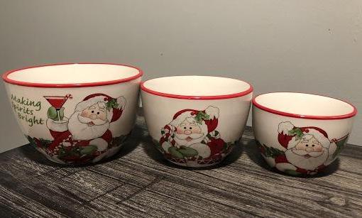 Fitz and Floyd Making Spirits Bright Santa Nesting: Fitz and Floyd Making Spirits Bright Santa Nesting Bowls. These 3 nesting bowls depict a jolly Santa and candy canes that fit perfectly into each other. Great to sit out for snacks during a family gat