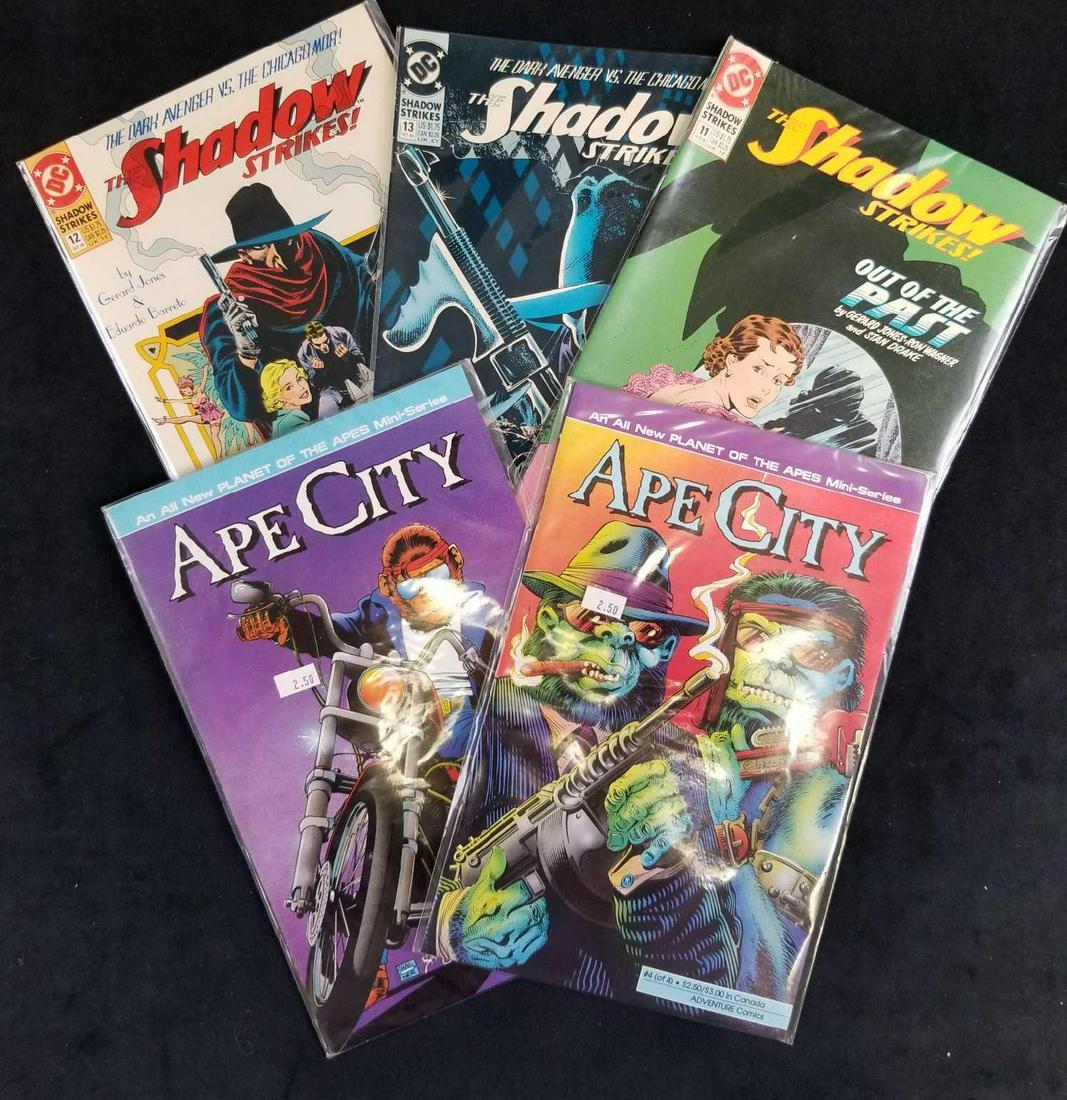 Lot of 5 Ape City And The Shadow Strikes Again Comics: This 6 piece lot is in like new condition with no know rips, tares or missing pages. Each comic comes with its own protective plastic sleeve. This lot consists of "Ape City No.3", "Ape City No.4", "Th