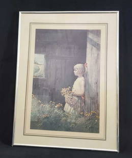 Framed Adolf Sehring A Summers Dream Print:  An offset lithograph after Adolf Sehringâ€™s 1974 painting Summer Daydream. This depicts a young girl, dressed in yellow, leaning against a rough wooden wall, holding a basket of picked f