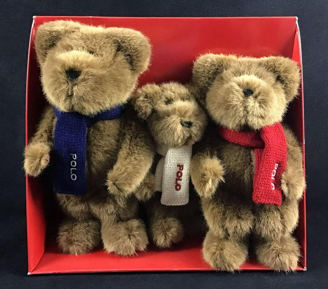 Ralph Lauren The Bears That Care Year 2001: Ralph Lauren The Bears That Care Year 2001. These are the bears that care made by Ralph Lauren for the year 2001. This comes with three bears wearing Polo scarfs. They have brown eyes and soft fur. Th