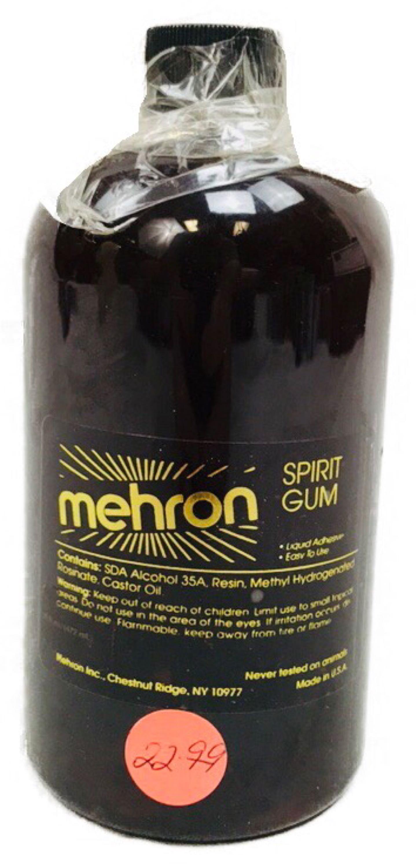 16 Ounces Mehron Professional Spirit Gum Liquid: 16 Ounces Mehron Professional Spirit Gum Liquid Adhesive, New Old Stock; this adhesive is used in the theater and movie industries for applying Crepe hair and beards, fake noses, and bald caps. This i