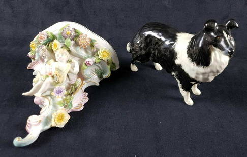 Lot of 2 Porcelain Figurines: Lot of 2 Porcelain Figurines. These two figurines are in good condition. Lot includes 1 collie dog figurine and a wall hanging cherub sconce. There are no chips or cracks at all in the porcelain. The