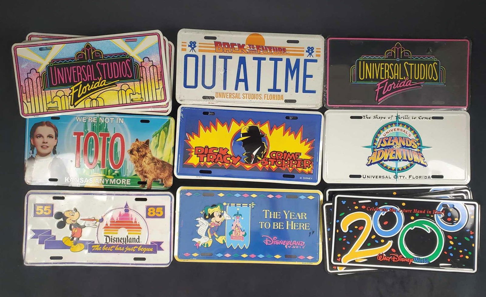 13 Pop Culture Disney Wizard Of Oz Novelity Plates C: This lot includes fun front novelty license plates. This includes plates from Wizard Of Oz, Disneyland, Dick Tracy: Crime Stoppers (Sealed), Universal Studios Florida (plus rare black version), Back T