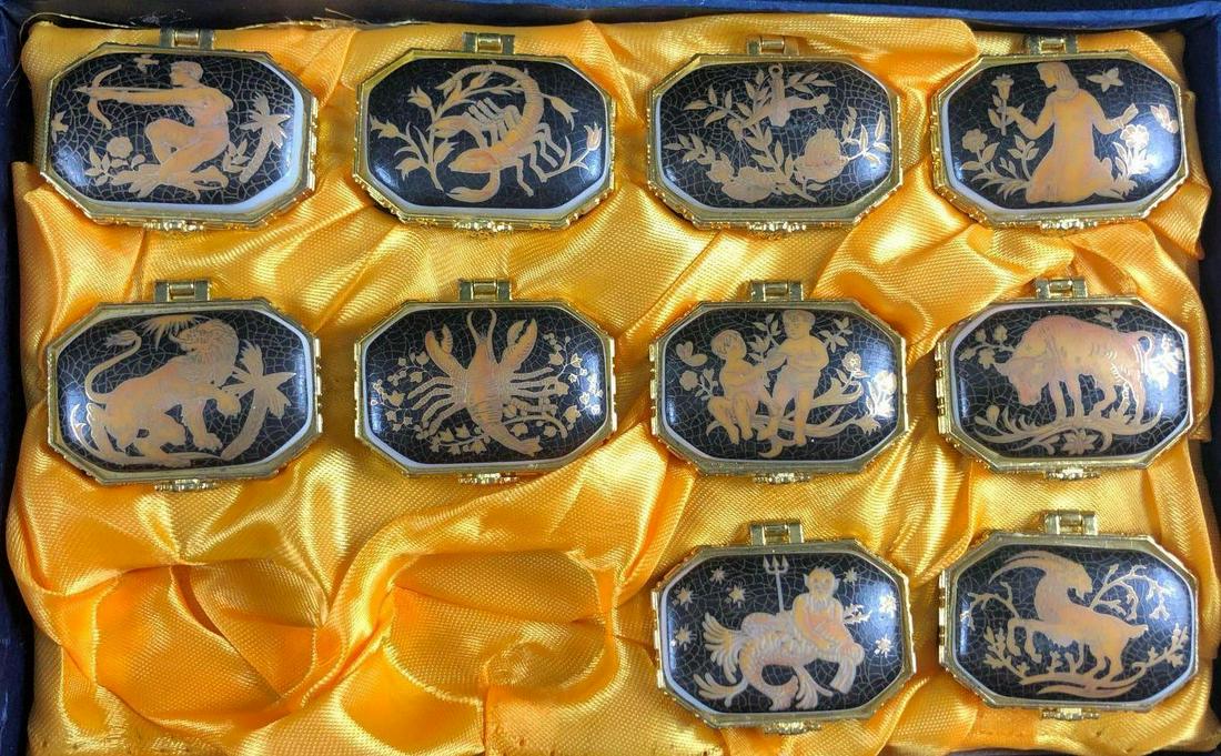 Zodiac Pill Boxes Porcelain Gold Color Lot Of 10: The decorative pillboxes are designed to represent each zodiac sign. Made with porcelain and covered in faux crazing with blue and gold colors. This lot features the following zodiacs: (1) Taurus (1) 