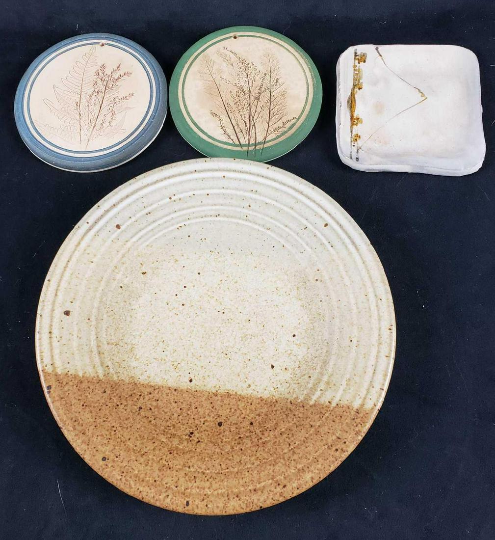 Lot of 4 Earthenware Pottery Items: Lot of 4 Earthenware Pottery Items. These Items are in excellent used condition. There are no known chips or cracks in any of the items. Included in this lot are: 2 Signed Ray Hanging Pottery Leaf Imp