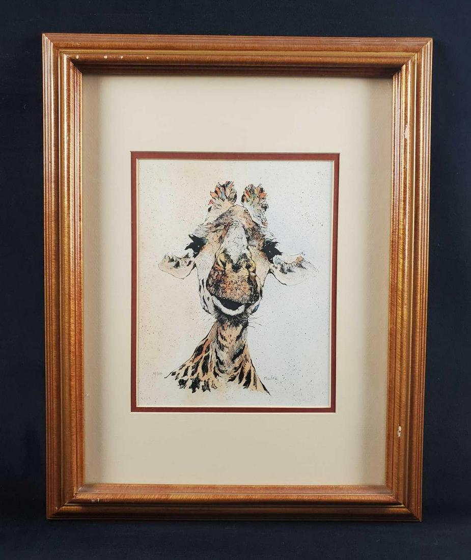 Patricia Giraffe LE Lithograph Print by Samuel Ruder: A signed limited edition lithograph by American artist Samuel Ruder (Cincinnati, Ohio) titled "Patricia" from 2007. It depicts a portrait of a giraffe against a neutral speckled backdrop. Signed in pe