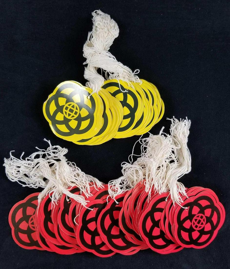 Vintage Epcot Logo Luggage Tags: This lot includes over eighty cardstock luggage tags with Epcot's original logo. These come in red and yellow.Â Tags are approx 3 1/2" x 3 1/2" and are in good condition with no known damage.