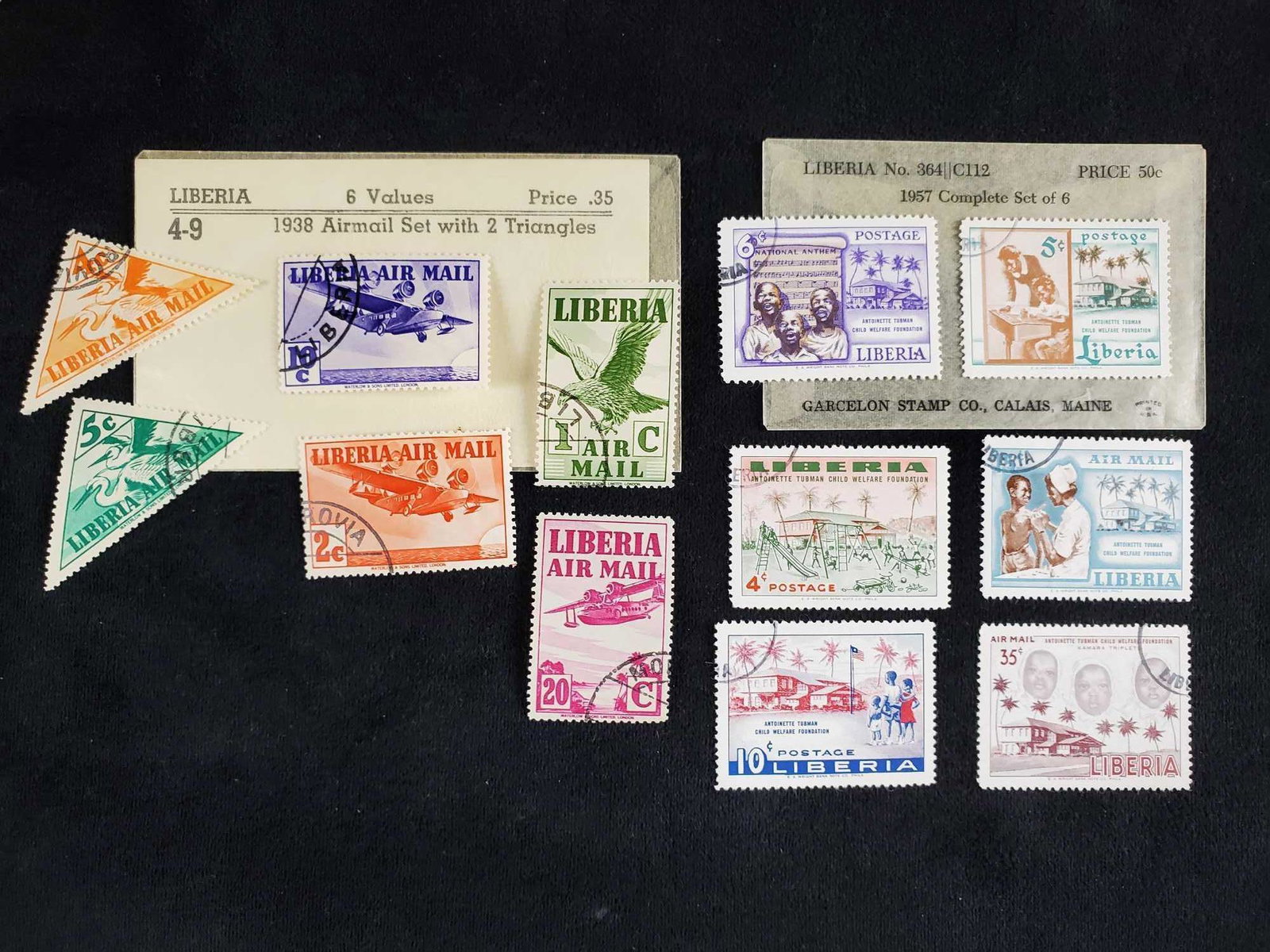 Liberia Stamps Lot Of Twelve 1930s 1940s: This lot includes postmarked Liberia air mail stamps There are stamps celebrating the first flight along with a stamp that honors their Child Welfare Foundation. Stamps are post-marked, and in good co