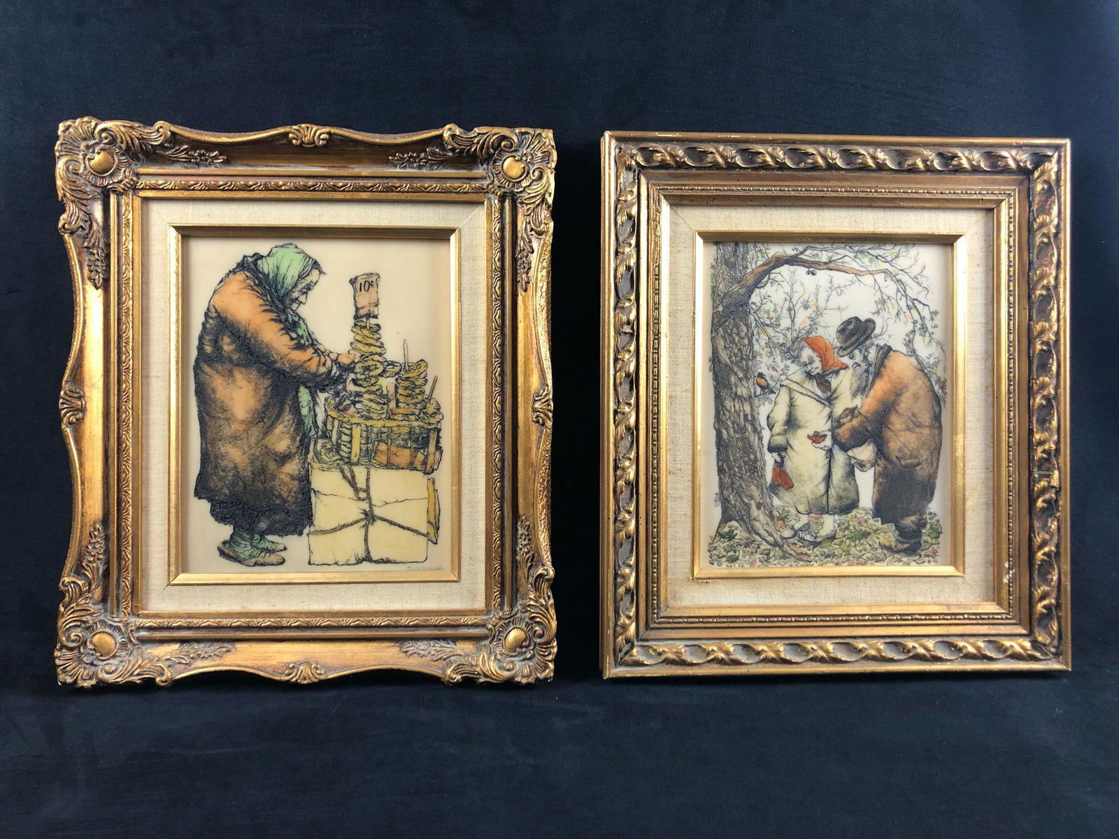 Pair of Vintage Artini Engravings Signed Jacob Samuels: This pair of vintage original engravings depicts an elderly couple under a tree and an elder lady street vender selling pretzlesÂ with a soft painting. The lady vender is signed Jacob Samuel. The si