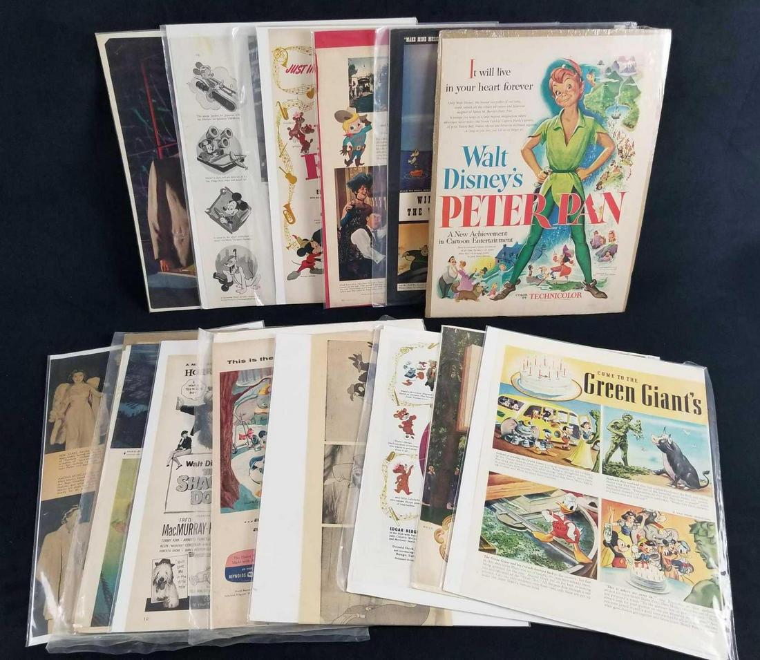 Lot Of 14 Vintage Walt Disney Movie Full Color Print: Lot Of 14 Vintage Walt Disney Movie Full Color Print Ads Advertisements Stories Hollywood Promotions This lot features newspaper pages showcasing Walt Disney movie ads from Peter Pan, Fun and Fancy, S