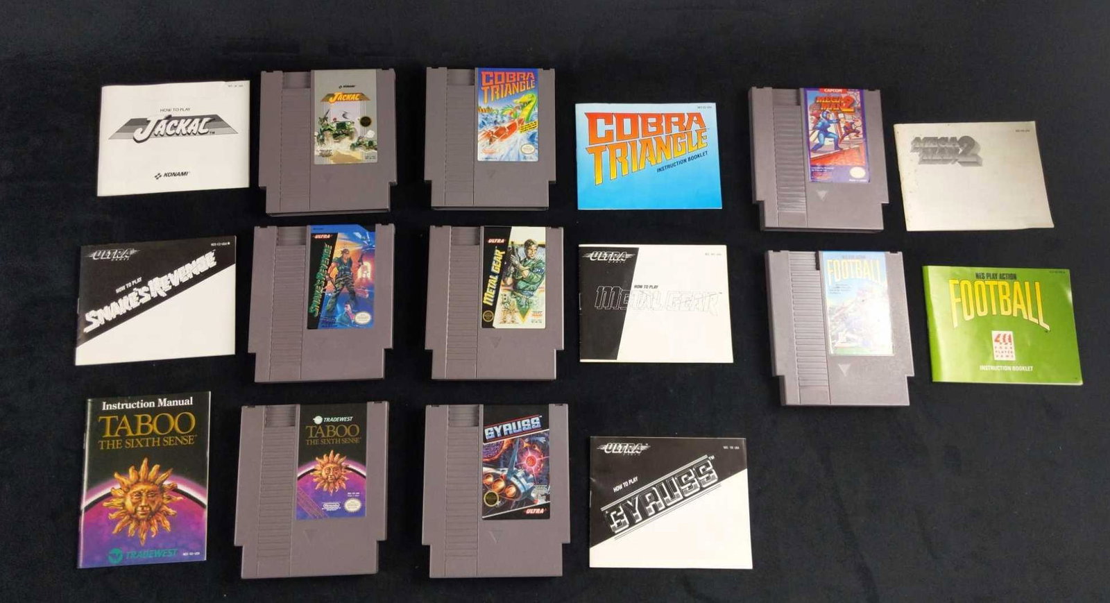 Nintendo Classic War Sports Stealth Lot Of Eight: This lot includes: (1) Jackal by Konami. (1) NES Play Action Play Football by Nintendo. (1) Cobra Triangle by Nintendo. (1) Taboo The Sixth Sense by Tradewest. (1) Gyruss by Ultra. (1) Metal Man 2 by 