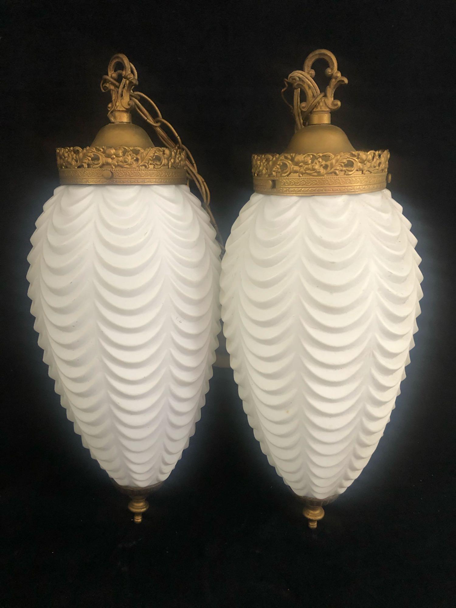 Vintage Art Deco Curtain scalloped White Frosted Glass: Vintage Art Deco Curtain scalloped White Frosted Glass Hanging Lamps & Base . These stunning matching lamps are in very good condition in working orderÂ with some minor scuffs no cracks or chips. W