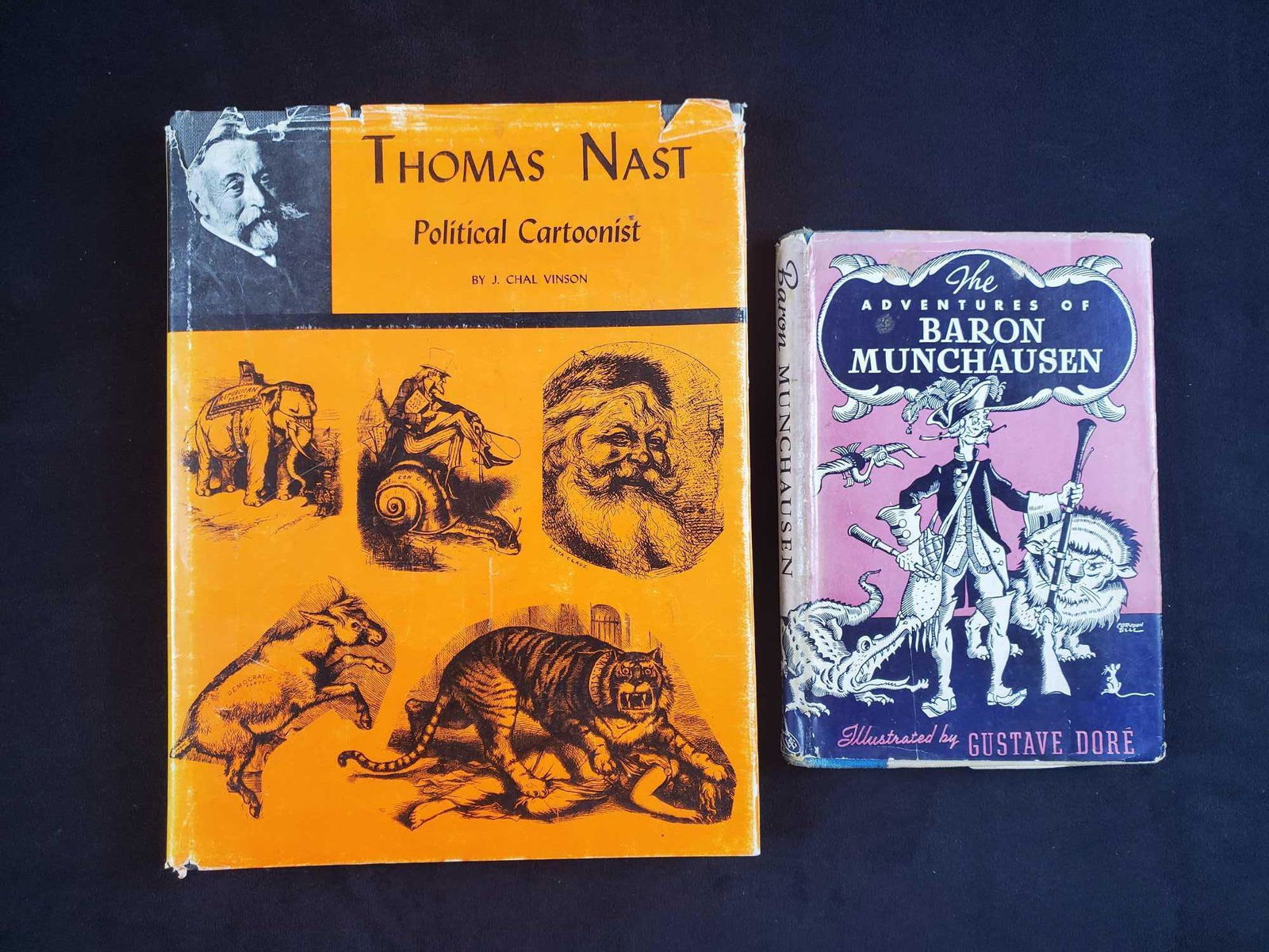 Thomas Nast and Adventures of Baron Vintage Books: (1) The Adventures of Baron Munchhausen, illustrations by Gustave Dore. Published by The World Publishing Company in 1950. In good condition with some shelf life wear to the dust cover. There are no k