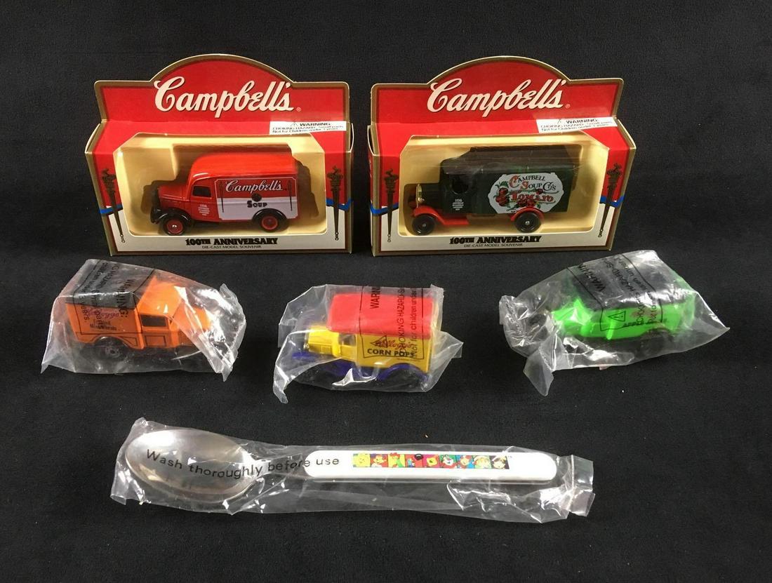 5 Food Brand Die-Cast Souvenirs and One Spoon: 5 Food Brand Die-Cast Souvenirs and One Spoon. This set is in great condition. The packaging for each item has never been opened. Set includes: 1 Campbell's Soup traditional style soup truck- 5.5" L x