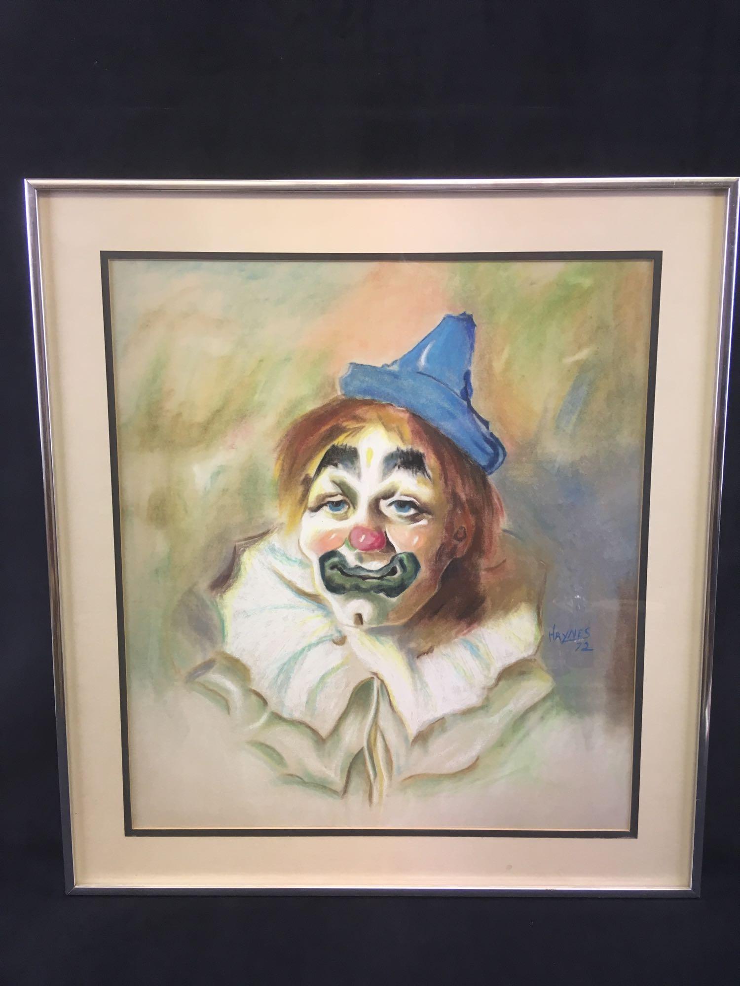 Vintage Original Chalk Pastel Art Clown Portrait Signed: Vintage Original Chalk Pastel Art, Clown Portrait, Signed Haynes; this work is well executed with much color and texture. The work is glazed and double matted in a silver colored frame. It is signed "