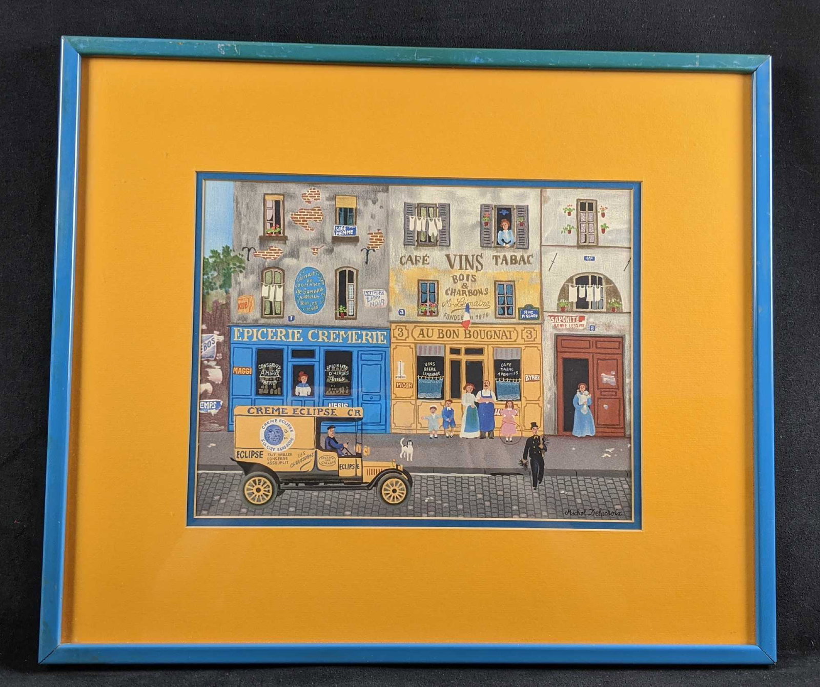 â€‹â€‹â€‹â€‹â€‹â€‹â€‹Framed Michel Delacroix French: Framed Michel Delacroix "French Shops Street Scene" lithograph Print. Framed art is approx 21" x 18". Print is approx 12" x 10". Framed art is in good shape with some wearing and chips/petite scratche
