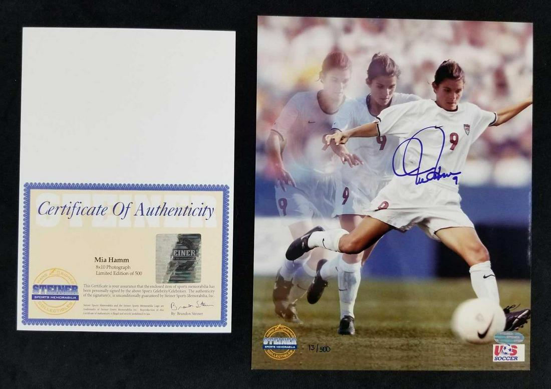 Autographed Photo of Mia Hamm with COA: Came from an avid celebrity autograph collector and believed to be real. Limited Edition of 500. This is # 13/500. In mint condition with no known damages such as creases, rips or tares. Measures 8" x