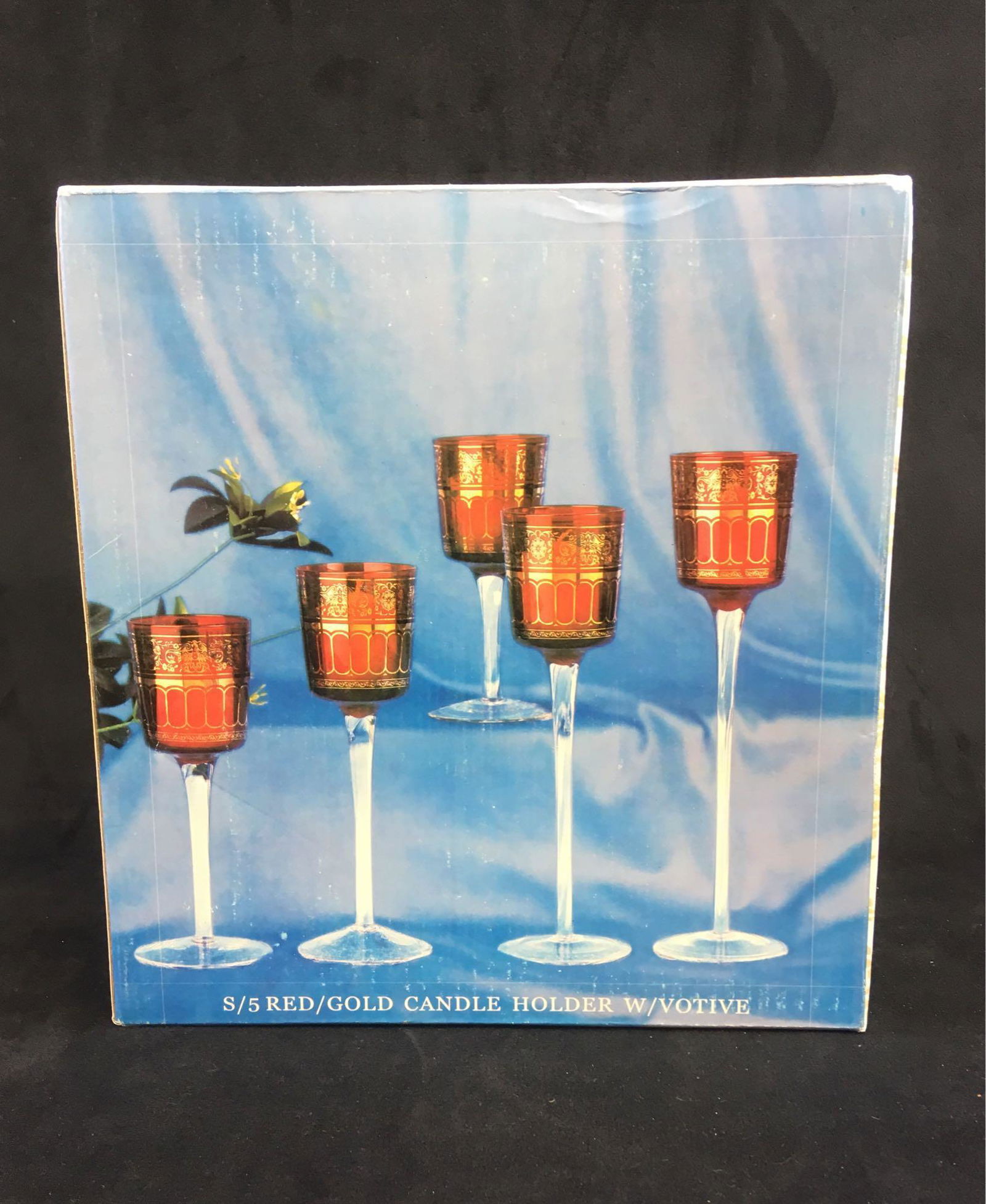 Set of 5 Long Stemmed Red with Gold Votive Candle: Set of 5 Long Stemmed Red with Gold Votive Candle Holders, New Old Stock; these long stemmed candle holders are in like new condition and vary in size by 1" in height each; the shortest is 6", the tal