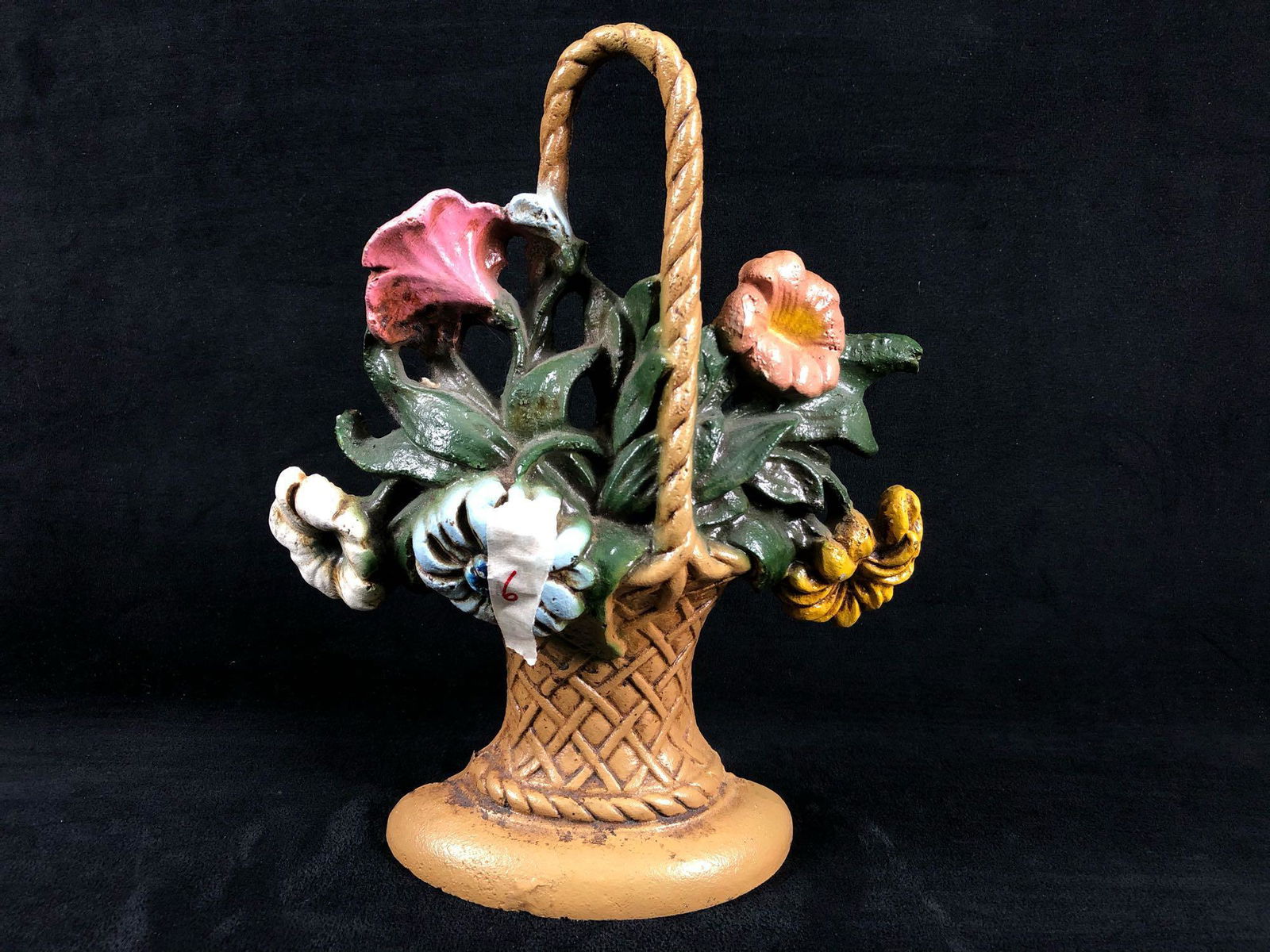 Antique Cast Iron Original John Wright Cast Hand: Antique Cast Iron Original John Wright Cast Hand Painted Basket Of Flowers Door Stop. This stunning item is in Good condition with sighs of paint loss and chipping can be expected. Amazing naturally d