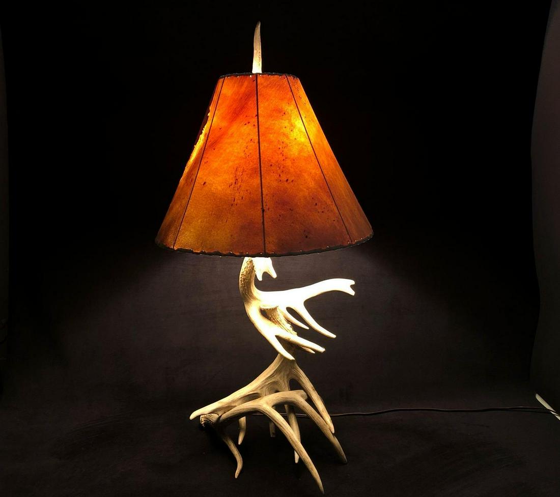 Vintage Authentic Deer Antler Table Lamp & Leather (1 of 13)