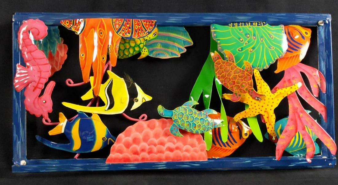3D Metal Aquarium Fish Turtles Seahorse Coral Art: Metal, "3D" art of a rather busy little aquarium. Hand painted fishy friends swim through an enchanted watery paradise complete with starfish and coral rock. Hand painted colorful art can light just a