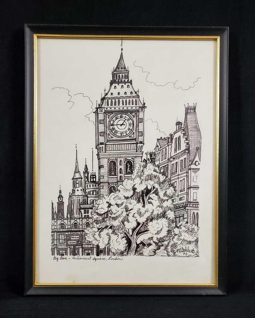 Vintage Framed Original Marker Big Ben Art (1 of 8)