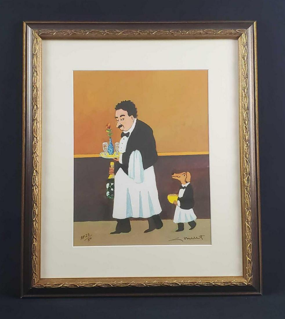 Guy Buffet Italian Maitre D and Dog Waitron AP: The exact title of this piece is unknown and is by well known artist Guy Buffet. It depicts an Italian Maitre D with a serving tray and wine followed by a waitron dog. Very humorous piece. It is an ar