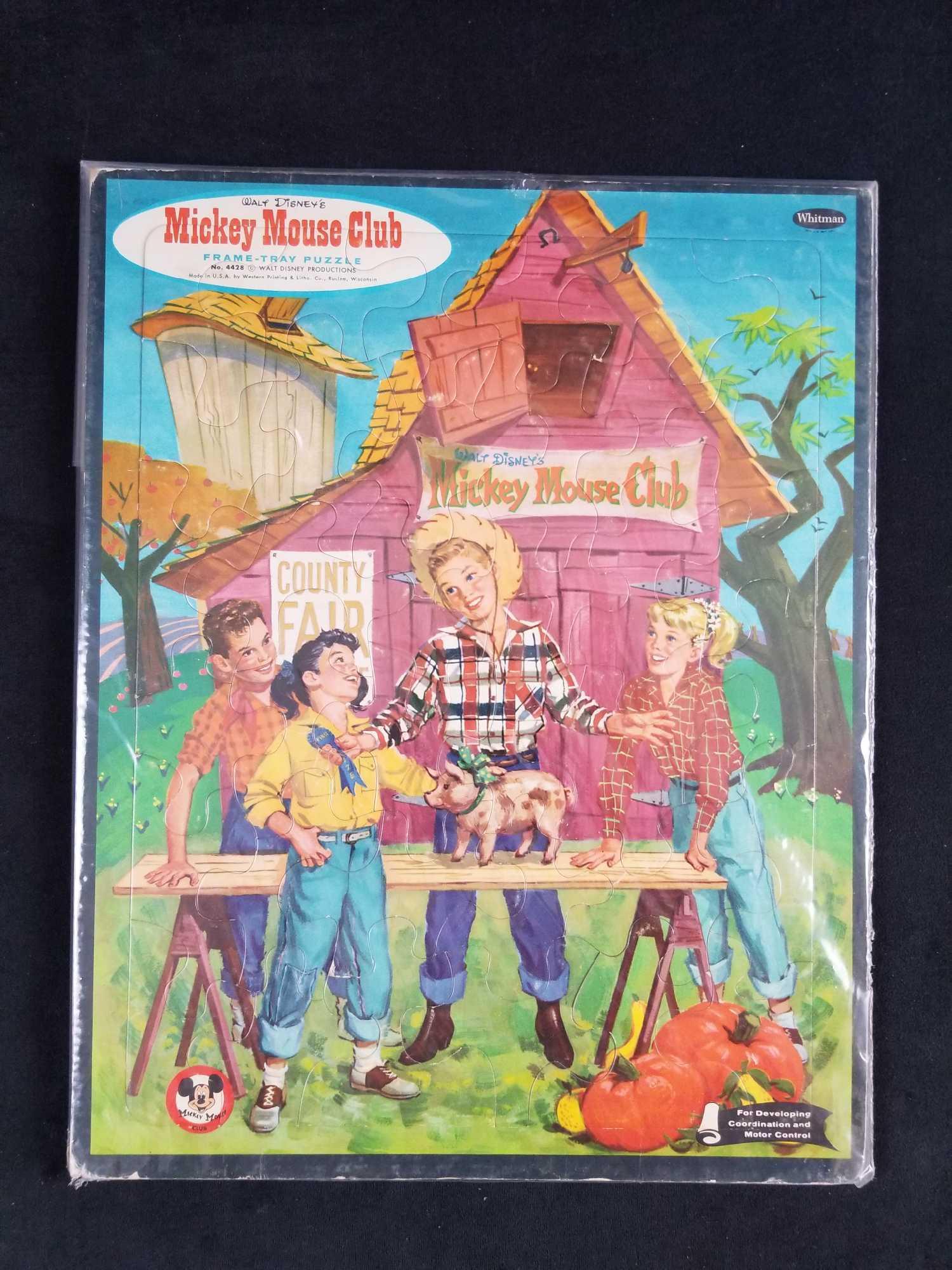 Vintage Walt Disney Mickey Mouse Club Whitman Frame: Fun kid's puzzle from the 1960s. Colors are still bright and there is very minor ware around the edges. Perfect for framing. Shows some Mouseketeers at the County Fair judging a pig. Finished puzzle i