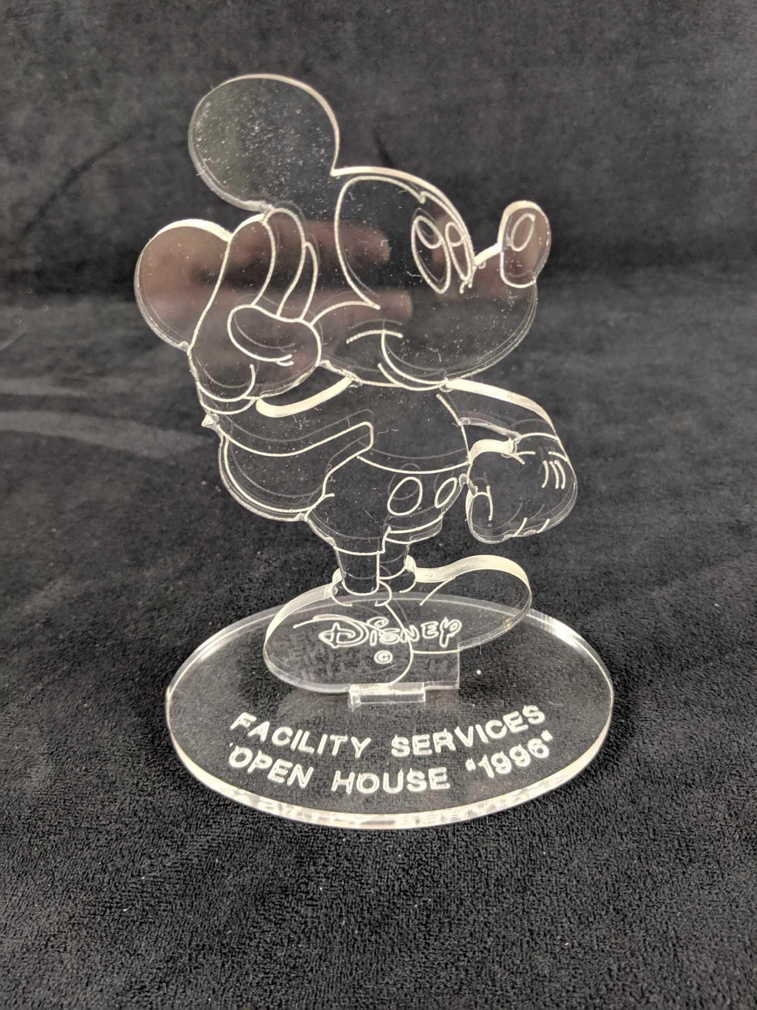 Disney Cast Member Only Acrylic Mickey Flat Figure: Flat acrylic Mickey Mouse figure given to those who attended the "Facility Service Open House on 1996. Figure is in good, used condition with no noticeable scuffs or scratches. Is approx 5" x 3" x 6".