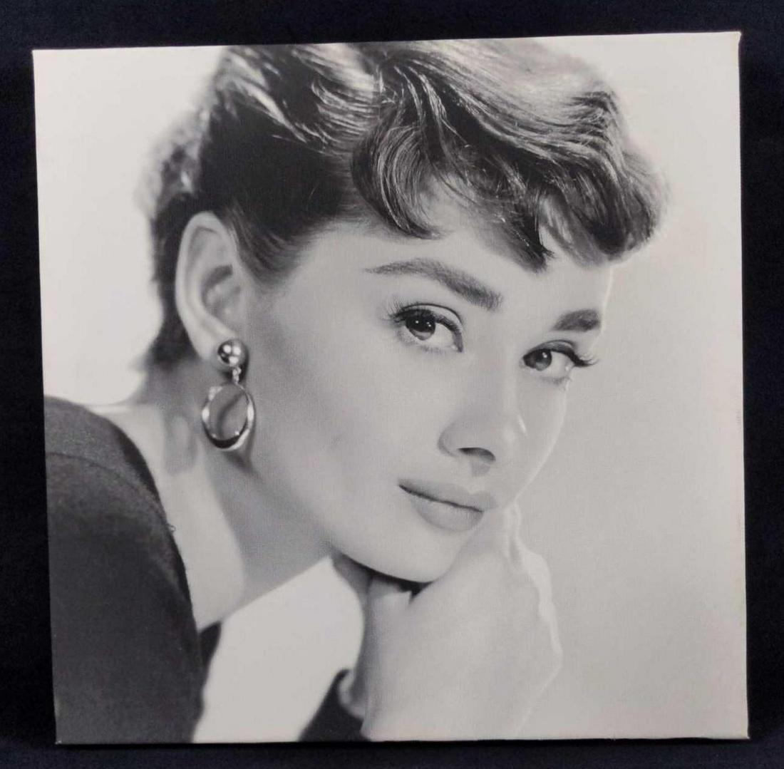Mini Black And White Canvas Audrey Hepburn: Here is a small (approx 14" x 14") black and white canvas of the acting legend, Audrey Hepburn. Canvas is in good, used condition with a small mark on her cheek, making it look like a dimple and anoth