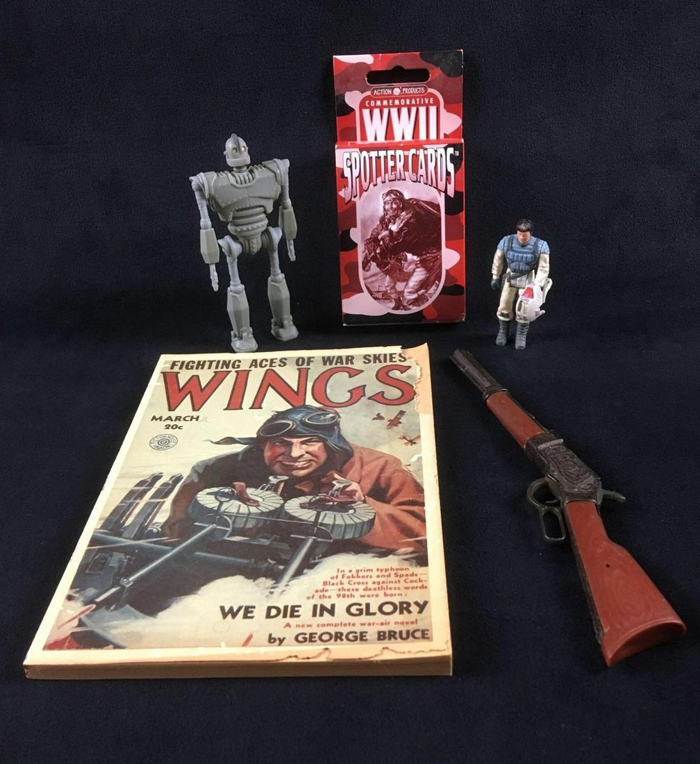 Mixed Toy Lot 5 Pieces: Mixed Toy Lot 5 Pieces. This toy lot is in fair condition. This set contains 1 robot action figure- 4.25" 1 M.A.S.K action figure character- 3" 1 Miniature toy rifle- 7.5" 1 Commemorative WWII Spotter