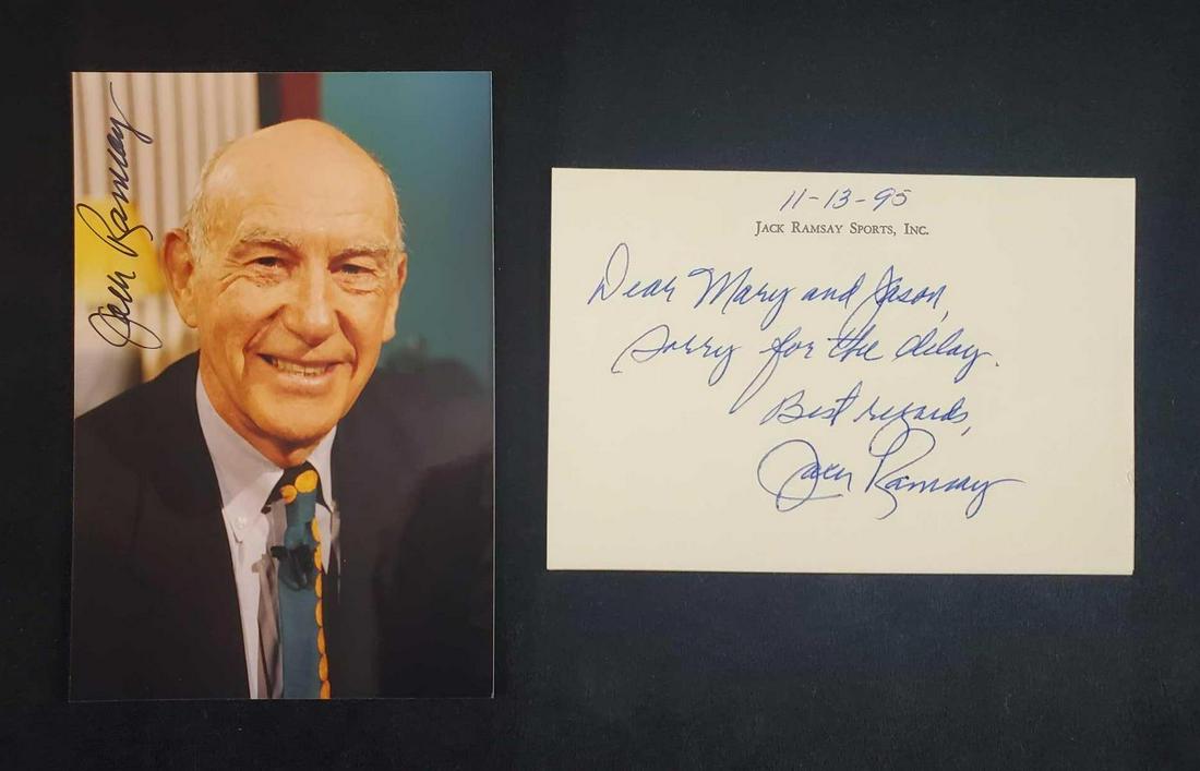 Autographed Photo and Signed Note Jack Ramsey: No COA Comes from avid autograph collector. Photo measures 4" x 6", note measures approx 4" x 6". 