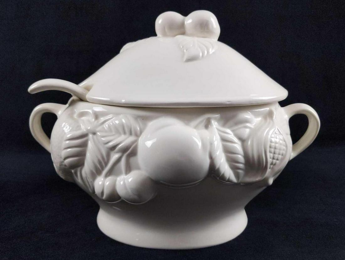 White Glass Fruit Bowl Soup Tureen With Spoon: White Glass Fruit Bowl Themed Soup Tureen With Spoon And Handles By Over And Back. Tureen is in good, vintage condition with only minor wearing on the bottom. Is approx 12" x 7" x 9". Spoon is approx 