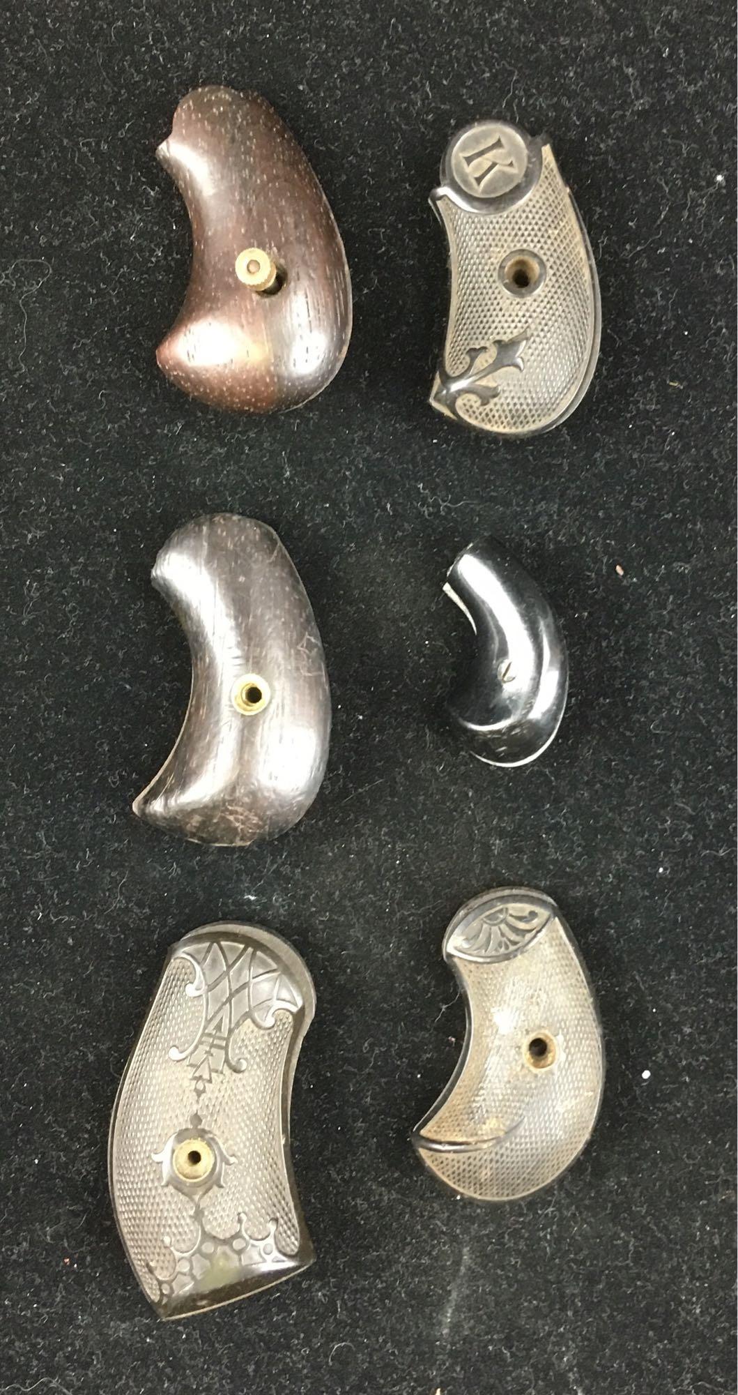 Antique Derringer Pistol Grips 6 Sets: Antique Derringer Pistol Grips, 6 Sets; three sets of these appear to be Bakelite, one set is hardwood (ebony?), and one set is a very early hard plastic. The Bakelite grips show nice detail. All are 