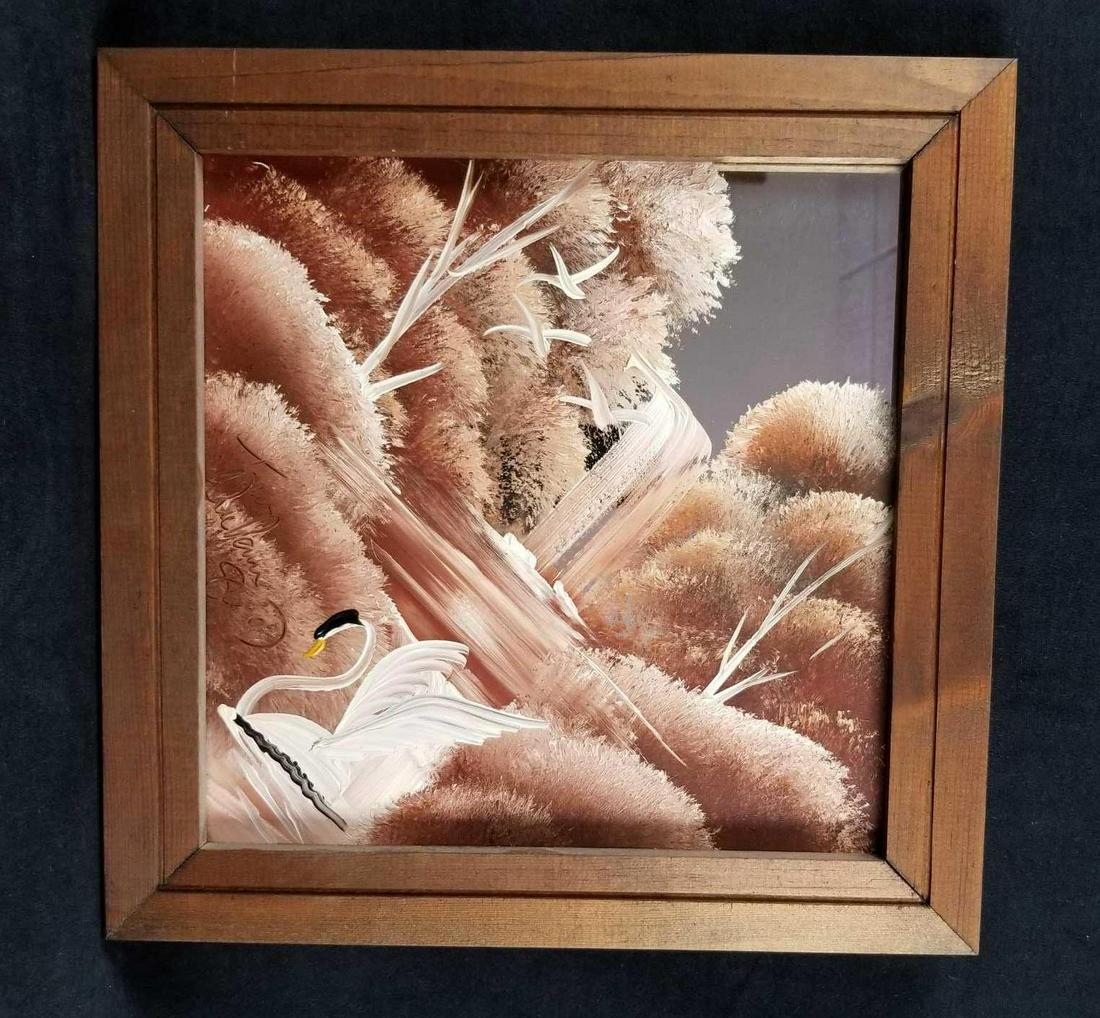 Original Painting On Mirror By Tom Dunham Swan: This is an original painting of a swan by Tom Dunham. Frame is approx 15" x 1"x 15" Painted mirror is approx 11" x 11". Is in good, used condition with no noticeable markings or scratches.