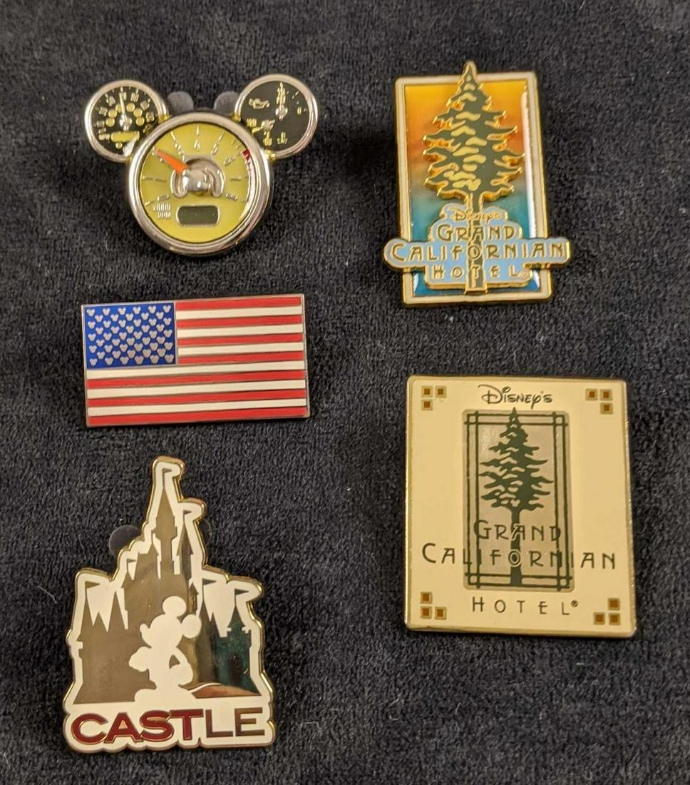 Collectable Retired Disney Mickey Pins Lot Of Five C: This lot includes: (1) Cast Exclusive Gold And White Mickey Castle Pin (1) Mickey Dashboard Moving Gauge Pin 2006. (1) Disney California Adventure Grand Californian Hotel Logo Sunset Pin. (Rare!) (1)