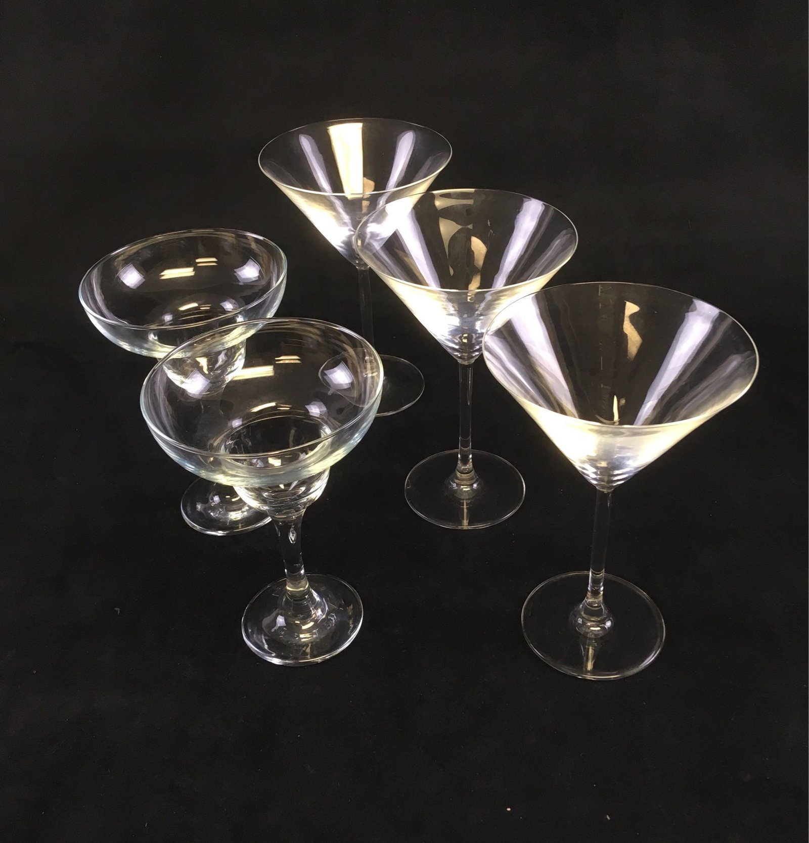 Classic Barware 3 Martini Glasses 2 Margarita Glasses: Classic Barware, 3 Martini Crystal Glasses, 2 Margarita Crystal Glasses; all very fine glass and all in excellent condition. The martini glasses measure 7 1/2" H x 4 3/4" DIA; the margarita glasses me