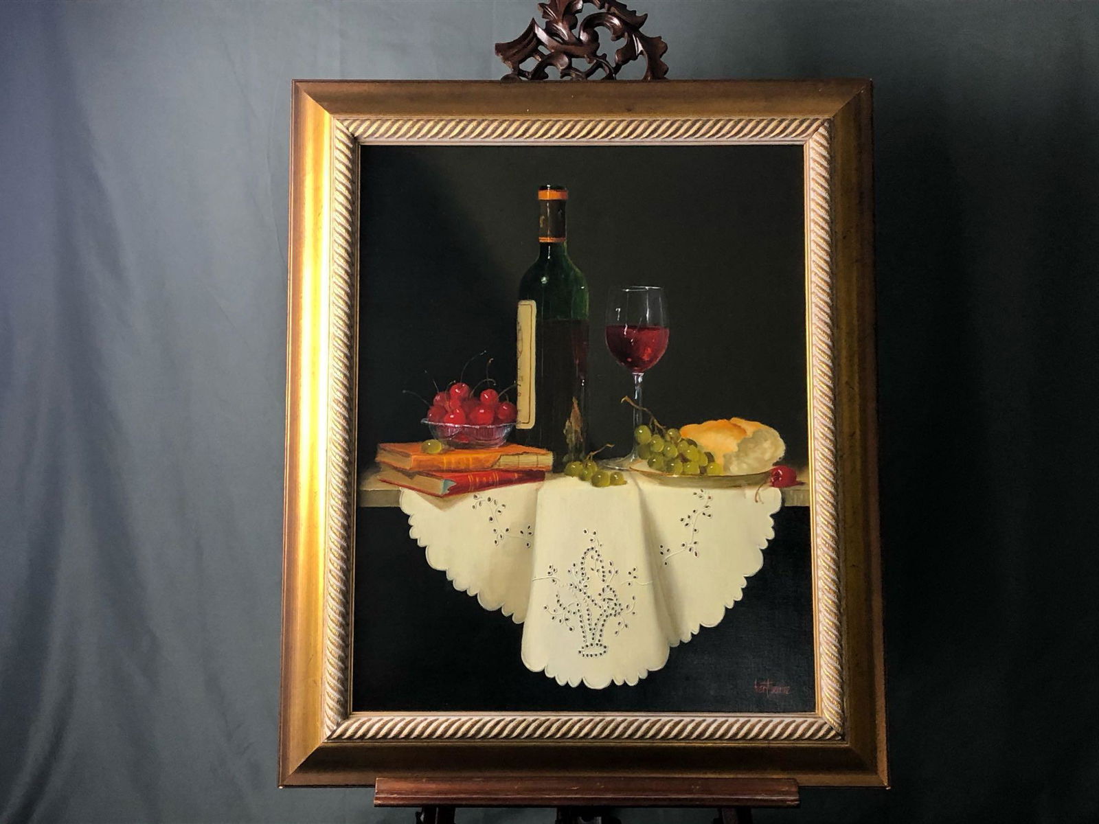 Original Signed Bert Beirne 1939 Oil On Linen Framed: Original Signed Bert Beirne 1939 Oil On Linen Framed Wine Books Cherry's Still Life . This amazing piece Measures 16" x 20" Framed 21.5 x 24.5 5 Lbs. In excellent condition Bert Beirne Bert Beirne has