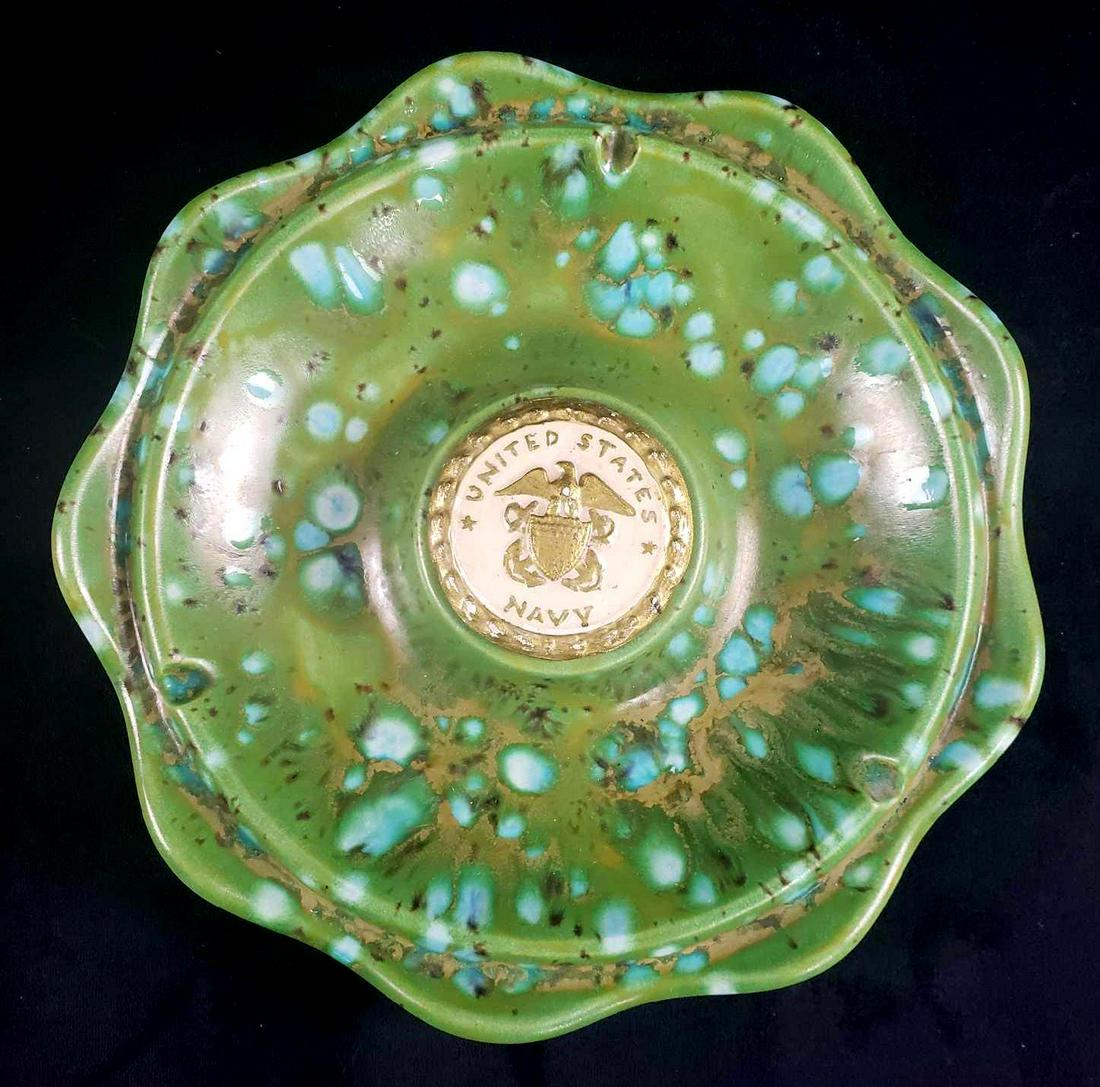 Vintage Ceramic US Navy Dappled Glaze Ashtray: Vintage Ceramic US Navy Dappled Glaze Ashtray. This ashtray is in great used condition. There are no chips or cracks in the ashtray, or any other signs of damage. The ashtray has a United States Navy 