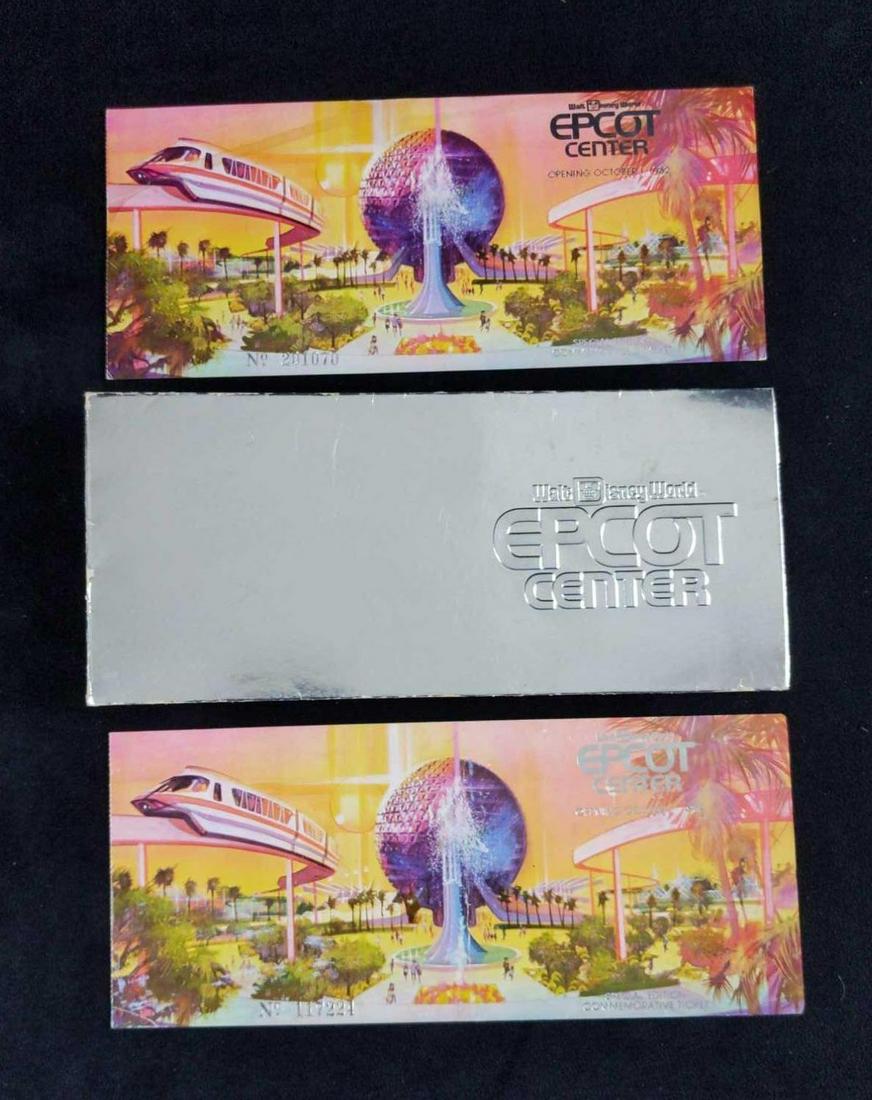 Two Epcot Opening Day Commemorative Ticket Stubs: Two 1982 Walt Disney World Epcot Center Opening Day Special Edition Commemorative ticket stubs with silver-colored envelope. These commemorative tickets with accompanying silver envelopes were issued 