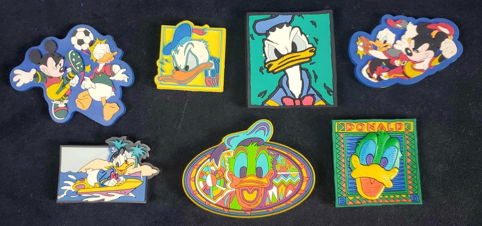 Lot of 7 Vintage Disney Donald Duck Mickey Mouse Rubber: Lot of 7 Vintage Disney Donald Duck Mickey Mouse Rubber Magnets. This lot of Donald Duck magnets is in overall great used condition. The magnets in this lot are: 1 square Donald Duck with green backgr