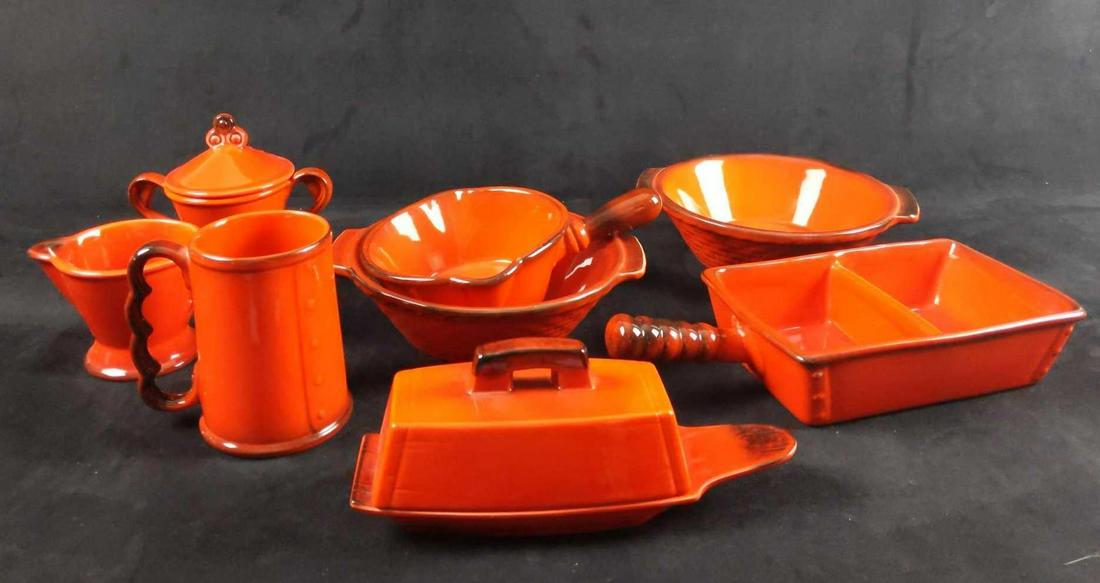Vintage Metlox Red Rooster Red Dinnerware Lot Of 8: This lot includes discontinued ceramic dinnerware made by Metlox from 1956 to 1979. Each is in good. vintage condition with wearing unless mentioned by listing. (1) Gravy Boat. Is approx 9" x 7" x 2 1